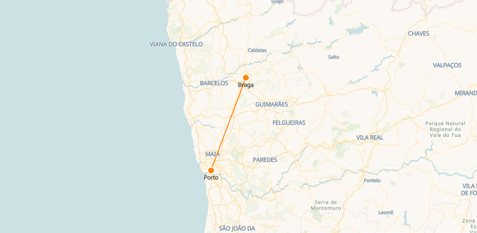 Mapa de trenes de Braga a Oporto