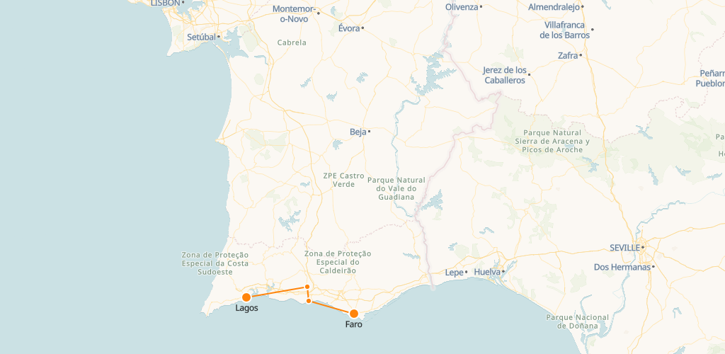 Mapa de trenes de Faro a Lagos
