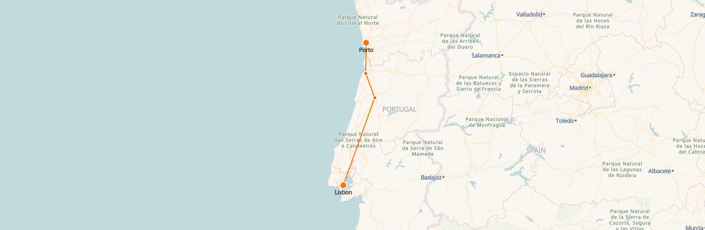 Mapa de trenes de Oporto a Lisboa