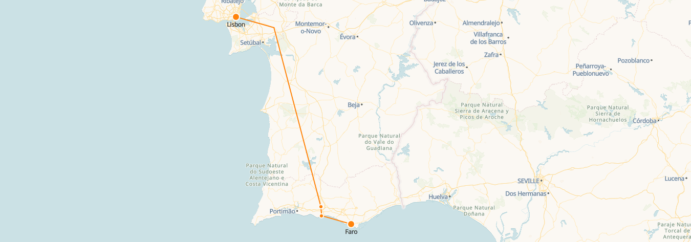 Mapa de trenes de Faro a Lisboa