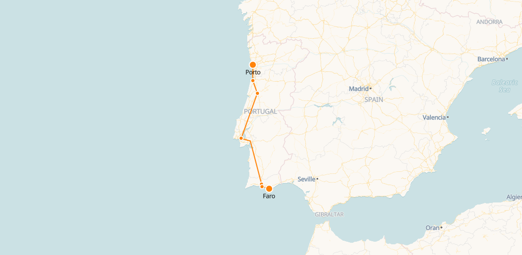 Mapa de trenes de Faro a Oporto