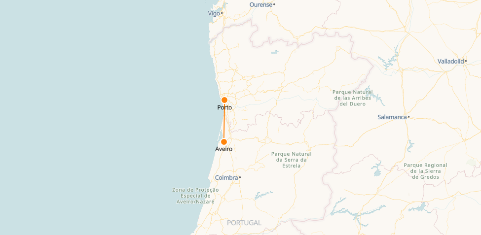 Aveiro to Porto Train Map