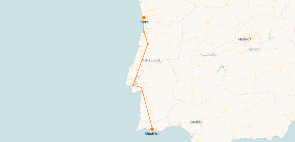 Mapa de trenes de Albufeira a Oporto